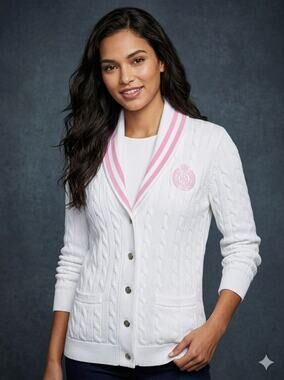 Ralph Lauren Cable Knit Cardigan Sweater Women L Tennis Varsity Cotton White Y2K
